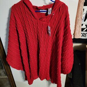 NWT RED CABLE KNIT SWEATER OVERSIZED PONCHO HOODIE SZ OS